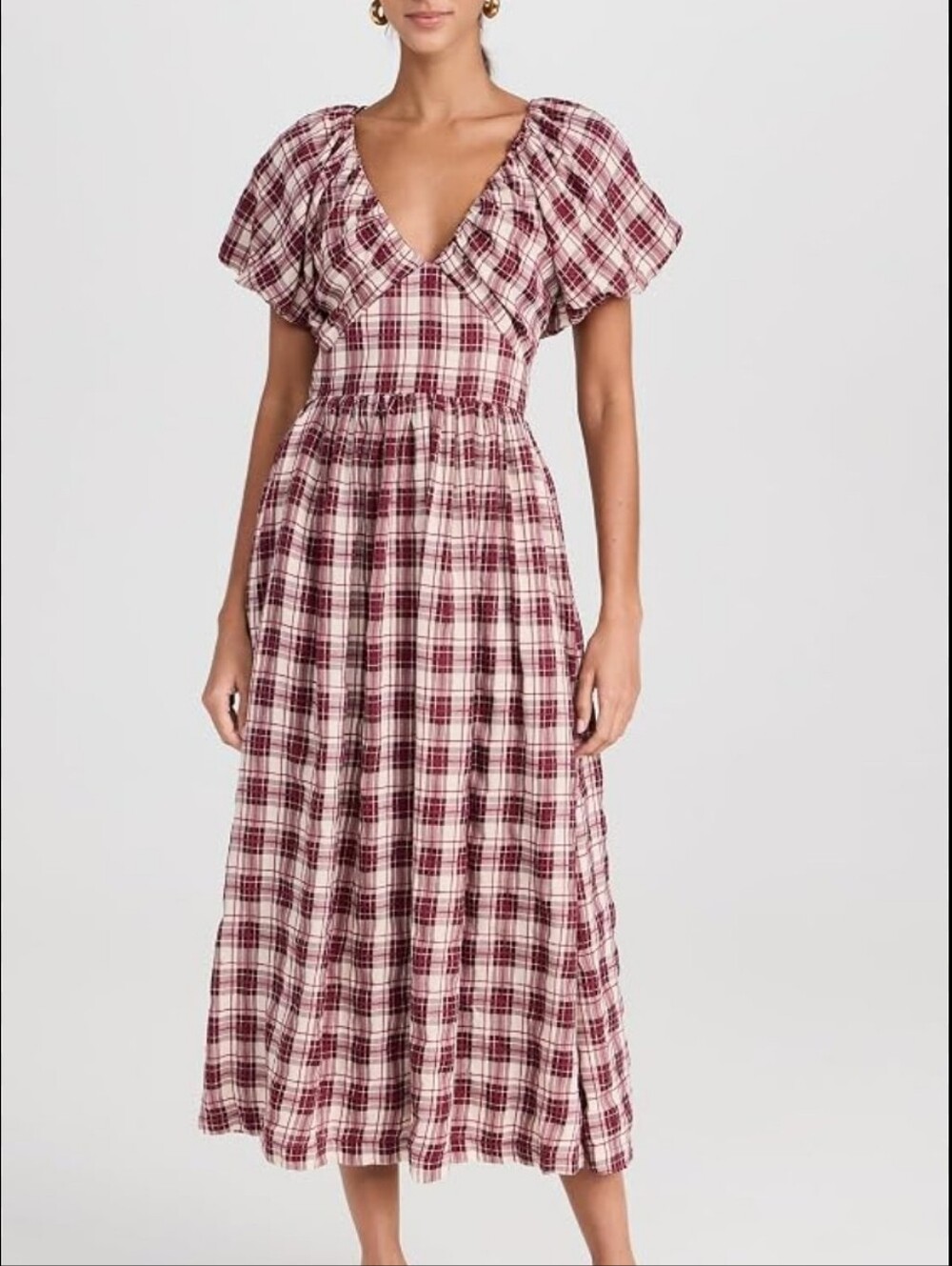 En Saison Colebee Plaid Puff-Sleeve Midi Dress in Burgundy and Off White Size S
